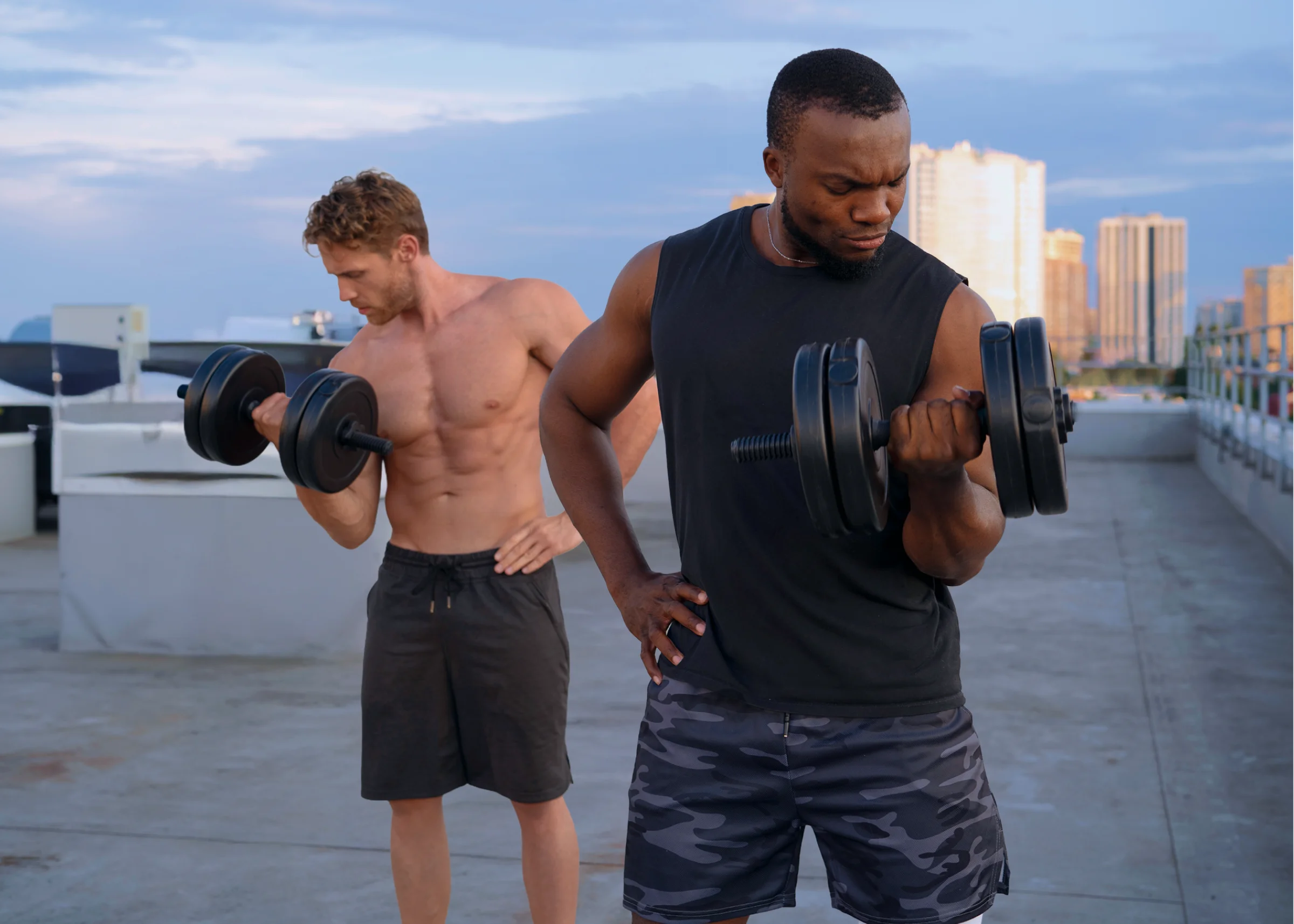 Hombres entrenando con pesas para potenciar fuerza y energía como parte de un protocolo de optimización de testosterona.
